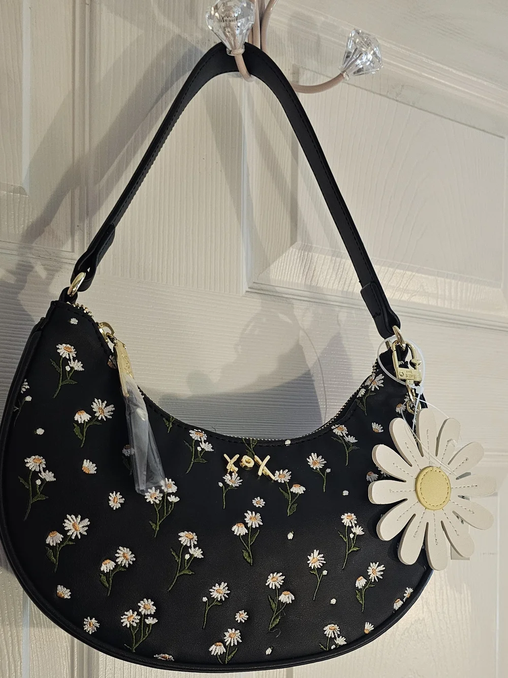 Betsey Johnson Black Daisy Crescent Shoulder Bag with Cream Charm